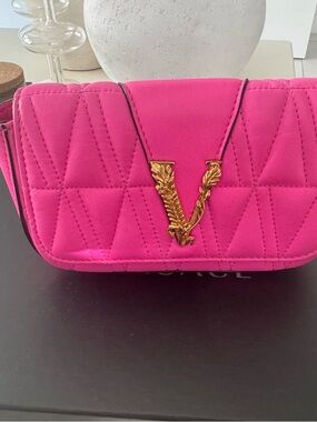Versace Hot Pink Quilted Crossbody with Gold V Emblem